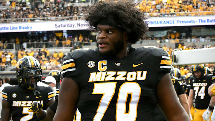 Sep 6, 2025; Columbia, Missouri, USA; Missouri Tigers offensive lineman Cayden Green (70) watches from the sidelined in the first quarter of the Border War against the Kansas Jayhawks at Faurot Field at Memorial Stadium.