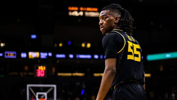 Missouri guard Sean East II looks on during a college basketball game against Ole Miss at Mizzou Arena on Mar. 2, 2024, in Columbia, Mo. Missouri guard Sean East II looks on during a college basketball game against Ole Miss at Mizzou Arena on Mar. 2, 2024, in Columbia, Mo.