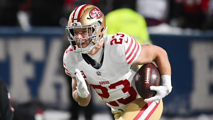 Dec 1, 2024; Orchard Park, New York, USA; San Francisco 49ers running back Christian McCaffrey (23) warms up before a game against the Buffalo Bills at Highmark Stadium. Mandatory Credit: Mark Konezny-Imagn Images Dec 1, 2024; Orchard Park, New York, USA; San Francisco 49ers running back Christian McCaffrey (23) warms up before a game against the Buffalo Bills at Highmark Stadium. Mandatory Credit: Mark Konezny-Imagn Images