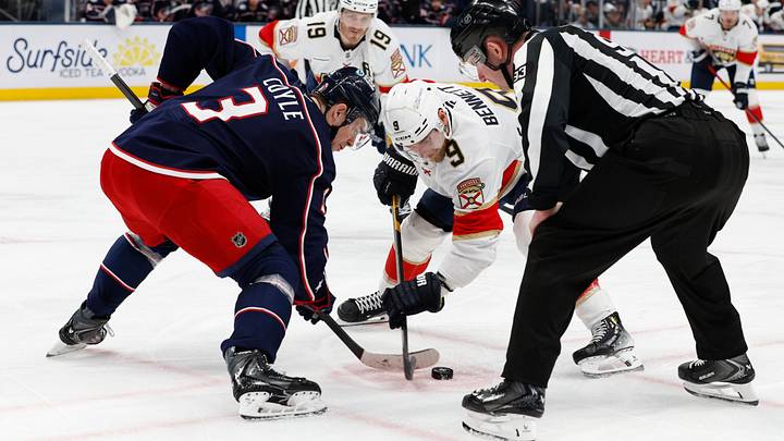 Mar 5, 2026; Columbus, Ohio, USA; Columbus Blue Jackets center Charlie Coyle (3) and Florida Panthers center Sam Bennett (9) faceoff during the third period at Nationwide Arena. Mandatory Credit: Russell LaBounty-Imagn Images