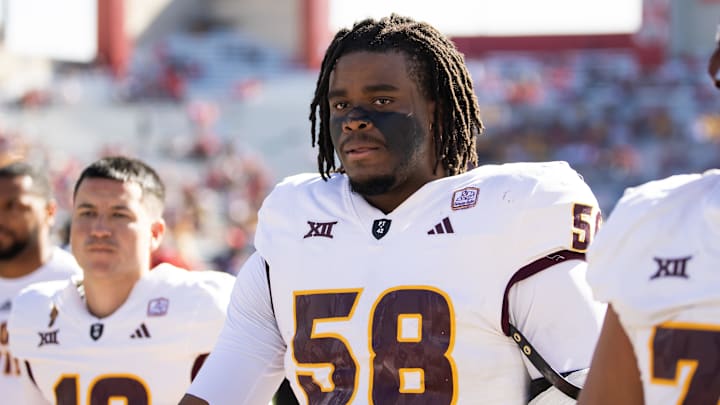 Nov 30, 2024; Tucson, Arizona, USA; Arizona State Sun Devils offensive lineman Max Iheanachor (58) against the Arizona Wildcats during the Territorial Cup at Arizona Stadium. Mandatory Credit: Mark J. Rebilas-Imagn Images Nov 30, 2024; Tucson, Arizona, USA; Arizona State Sun Devils offensive lineman Max Iheanachor (58) against the Arizona Wildcats during the Territorial Cup at Arizona Stadium. Mandatory Credit: Mark J. Rebilas-Imagn Images