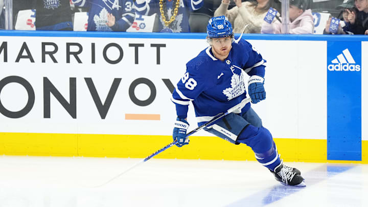 Apr 27, 2024; Toronto, Ontario, CAN; Toronto Maple Leafs right wing William Nylander (88) skates during the warmup before game four of the first round of the 2024 Stanley Cup Playoffs against the Boston Bruins at Scotiabank Arena. Mandatory Credit: Nick Turchiaro-Imagn Images