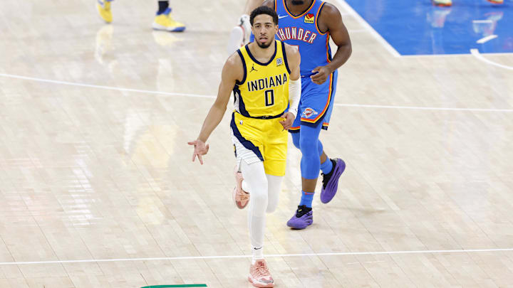 Jun 22, 2025; Oklahoma City, Oklahoma, USA; Indiana Pacers guard Tyrese Haliburton (0) reacts after against the Oklahoma City Thunder during the first half of game seven of the 2025 NBA Finals at Paycom Center. Mandatory Credit: Alonzo Adams-Imagn Images Jun 22, 2025; Oklahoma City, Oklahoma, USA; Indiana Pacers guard Tyrese Haliburton (0) reacts after against the Oklahoma City Thunder during the first half of game seven of the 2025 NBA Finals at Paycom Center. Mandatory Credit: Alonzo Adams-Imagn Images