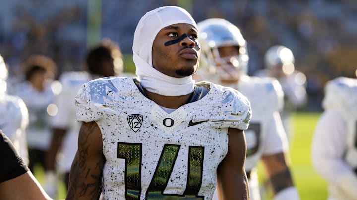 Nov 18, 2023; Tempe, Arizona, USA; Oregon Ducks defensive back Khamari Terrell (14) against the Arizona State Sun Devils at Mountain America Stadium. Mandatory Credit: Mark J. Rebilas-Imagn Images