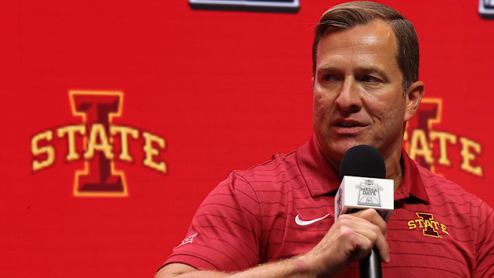 Oct 22, 2025; Kansas City, MO, USA; Iowa State head coach T.J. Otzelberger speaks to media during Big 12 Menís Basketball media day at T-Mobile Center. Mandatory Credit: Sophia Scheller-Imagn Images Oct 22, 2025; Kansas City, MO, USA; Iowa State head coach T.J. Otzelberger speaks to media during Big 12 Menís Basketball media day at T-Mobile Center. Mandatory Credit: Sophia Scheller-Imagn Images