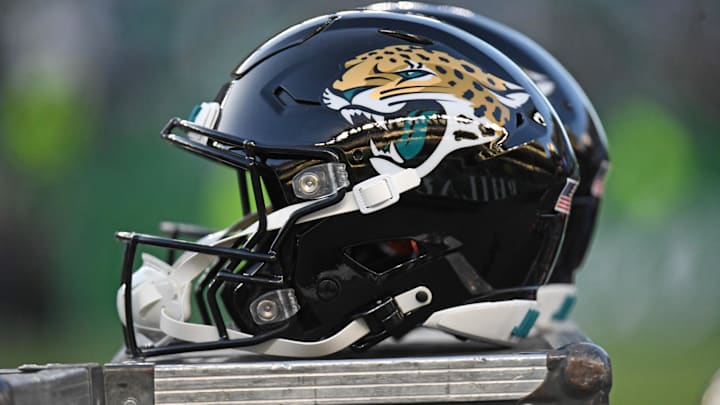 Nov 3, 2024; Philadelphia, Pennsylvania, USA; Jacksonville Jaguars helmets on the sidelines against the Philadelphia Eagles at Lincoln Financial Field. Mandatory Credit: Eric Hartline-Imagn Images
