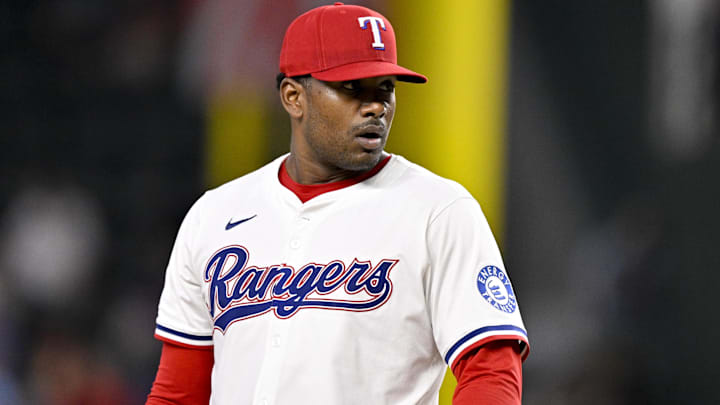 Jun 28, 2025; Arlington, Texas, USA; at Texas Rangers starting pitcher Kumar Rocker (80) pitches against the Seattle Mariners during the sixth inning Globe Life Field Jun 28, 2025; Arlington, Texas, USA; at Texas Rangers starting pitcher Kumar Rocker (80) pitches against the Seattle Mariners during the sixth inning Globe Life Field