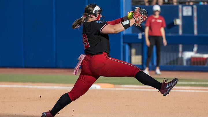 Nebraska Cornhuskers pitcher Alexis Jensen throws a pitch in the third inning against the Alabama Crimson Tide during the NCAA Women’s College World Series at Devon Park.