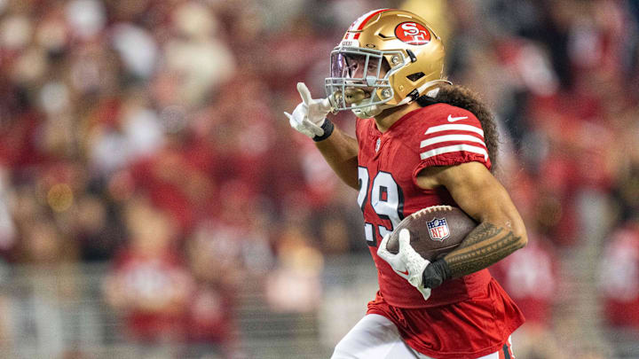 September 21, 2023; Santa Clara, California, USA; San Francisco 49ers safety Talanoa Hufanga (29) celebrates during the fourth quarter against the New York Giants at Levi's Stadium. September 21, 2023; Santa Clara, California, USA; San Francisco 49ers safety Talanoa Hufanga (29) celebrates during the fourth quarter against the New York Giants at Levi's Stadium.
