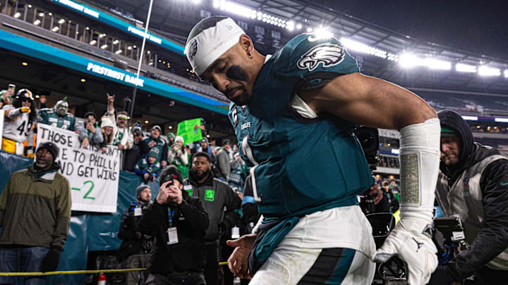 Dec 15, 2024; Philadelphia, Pennsylvania, USA; Philadelphia Eagles quarterback Jalen Hurts (1) after a victory against the Pittsburgh Steelers at Lincoln Financial Field. Mandatory Credit: Bill Streicher-Imagn Images Dec 15, 2024; Philadelphia, Pennsylvania, USA; Philadelphia Eagles quarterback Jalen Hurts (1) after a victory against the Pittsburgh Steelers at Lincoln Financial Field. Mandatory Credit: Bill Streicher-Imagn Images