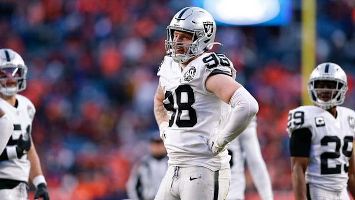 Dec 29, 2019; Denver, Colorado, USA; Oakland Raiders defensive end Maxx Crosby (98) in the third quarter against the Denver Broncos at Empower Field at Mile High. Mandatory Credit: Isaiah J. Downing-Imagn Images Dec 29, 2019; Denver, Colorado, USA; Oakland Raiders defensive end Maxx Crosby (98) in the third quarter against the Denver Broncos at Empower Field at Mile High. Mandatory Credit: Isaiah J. Downing-Imagn Images
