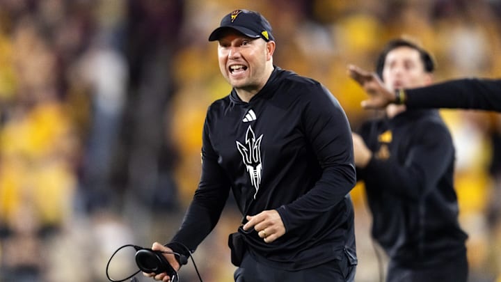 Nov 28, 2025; Tempe, Arizona, USA; Arizona State Sun Devils head coach Kenny Dillingham reacts against the Arizona Wildcats in the second half during the 99th Territorial Cup at Mountain America Stadium. Mandatory Credit: Mark J. Rebilas-Imagn Images