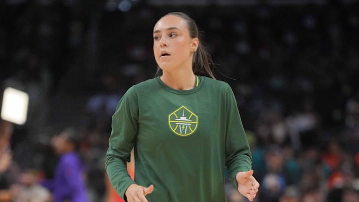 Jul 16, 2024; Los Angeles, California, USA; Seattle Storm guard Nika Muhl during the game against the LA Sparks at Crypto.com Arena. Mandatory Credit: Kirby Lee-Imagn Images