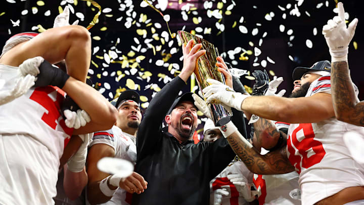 Jan 20, 2025; Atlanta, GA, USA; The Ohio State Buckeyes celebrate after winning against the Notre Dame Fighting Irish in the CFP National Championship college football game at Mercedes-Benz Stadium. Mandatory Credit: Mark J. Rebilas-Imagn Images Jan 20, 2025; Atlanta, GA, USA; The Ohio State Buckeyes celebrate after winning against the Notre Dame Fighting Irish in the CFP National Championship college football game at Mercedes-Benz Stadium. Mandatory Credit: Mark J. Rebilas-Imagn Images