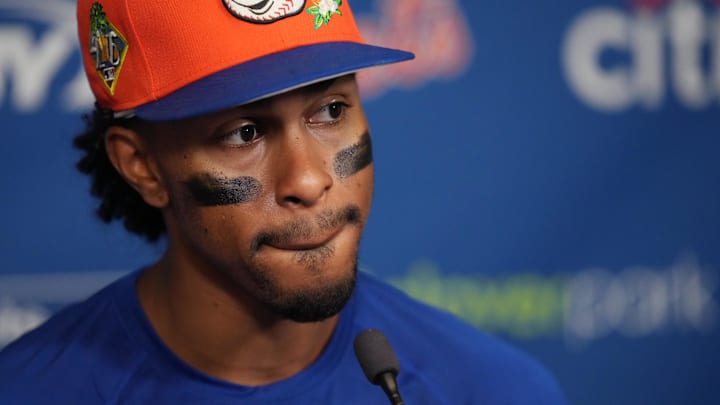 Mar 15, 2026; Port St. Lucie, Florida, USA;  New York Mets shortstop Francisco Lindor (12) addresses the media at Clover Park on his first day back at spring training. 