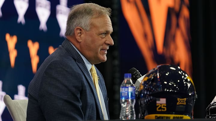Jul 9, 2025; Frisco, TX, USA; West Virginia head coach Rich Rodriguez speaks with the media during 2025 Big 12 Football Media Days at The Star. Mandatory Credit: Raymond Carlin III-Imagn Images