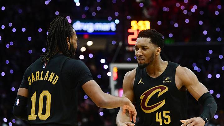 Cleveland Cavaliers guard Donovan Mitchell celebrates with Darius Garland after a three-pointer in the fourth quarter. Cleveland Cavaliers guard Donovan Mitchell celebrates with Darius Garland after a three-pointer in the fourth quarter.