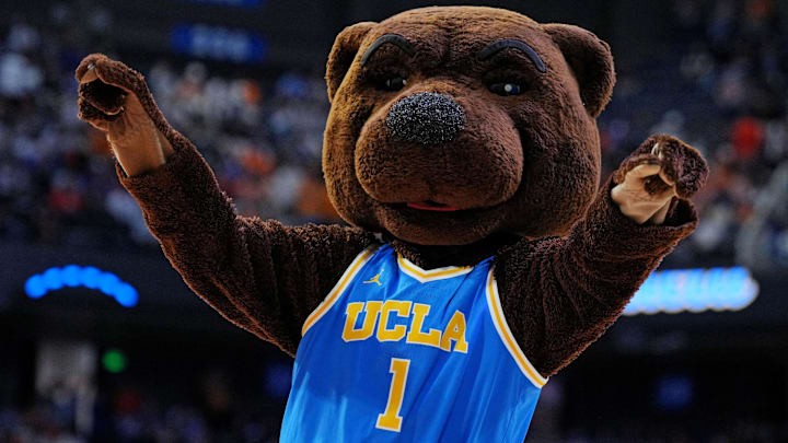 Mar 22, 2025; Lexington, KY, USA; The UCLA Bruins mascot cheers during the first half of the game between the Tennessee Volunteers and the UCLA Bruins in the second round of the NCAA Tournament at Rupp Arena. Mandatory Credit: Aaron Doster-Imagn Images