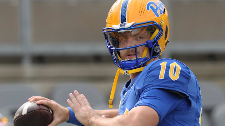 Sep 27, 2025; Pittsburgh, Pennsylvania, USA;  Pittsburgh Panthers quarterback Eli Holstein (10) warms up before the game against the Louisville Cardinals at Acrisure Stadium. Mandatory Credit: Charles LeClaire-Imagn Images