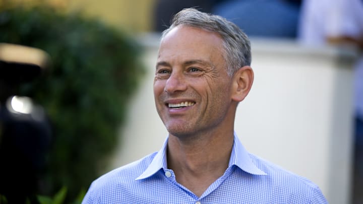Nov 8, 2023; Scottsdale, AZ, USA; Chicago Cubs president of baseball operations Jed Hoyer speaks to the media during the MLB General Manager's Meetings at Omni Scottsdale Resort & Spa.