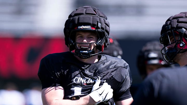 Cincinnati Bearcats linebacker Jake Golday (11) smiles during the Cincinnati Bearcats football spring practice at Nippert Stadium on Saturday, April 12, 2025.