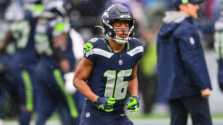 Dec 22, 2024; Seattle, Washington, USA; Seattle Seahawks wide receiver Tyler Lockett (16) during warmups before the game against the Minnesota Vikings at Lumen Field. Mandatory Credit: Steven Bisig-Imagn Images