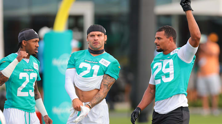 Miami Dolphins safety Minkah Fitzpatrick (right), safety Ashtyn Davis (center) and cornerback Jack Jones (left) work during training camp at Baptist Health Training Complex last week.