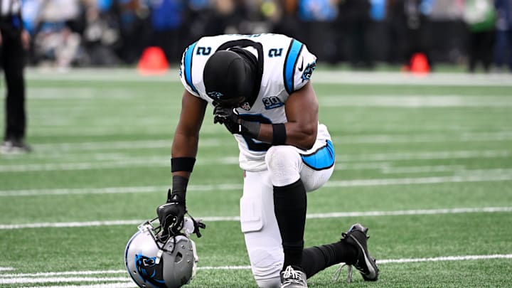 Dec 15, 2024; Charlotte, North Carolina, USA;  Carolina Panthers cornerback Michael Jackson (2) reacts after a player is hurt in the second quarter at Bank of America Stadium. Mandatory Credit: Bob Donnan-Imagn Images