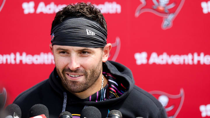 Jun 10, 2025; Tampa Bay, FL, USA; Tampa Bay Buccaneers quarterback Baker Mayfield (6) gives a press conference after mini camp at AdventHealth Training Center. Mandatory Credit: Nathan Ray Seebeck-Imagn Images
