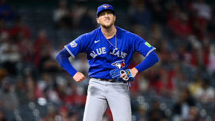 Apr 20, 2026; Anaheim, California, USA; Toronto Blue Jays pitcher Jeff Hoffman (23) reacts after striking out Los Angeles Angels second baseman Adam Frazier (20) during the ninth inning at Angel Stadium. Mandatory Credit: William Liang-Imagn Images