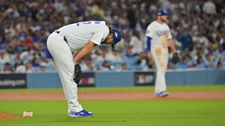 Oct 8, 2025; Los Angeles, California, USA; Los Angeles Dodgers pitcher Clayton Kershaw (22) reacts after giving up a home run during the eighth inning against the Philadelphia Phillies during game three of the NLDS round for the 2025 MLB playoffs at Dodger Stadium. Mandatory Credit: Jayne Kamin-Oncea-Imagn Images Oct 8, 2025; Los Angeles, California, USA; Los Angeles Dodgers pitcher Clayton Kershaw (22) reacts after giving up a home run during the eighth inning against the Philadelphia Phillies during game three of the NLDS round for the 2025 MLB playoffs at Dodger Stadium. Mandatory Credit: Jayne Kamin-Oncea-Imagn Images