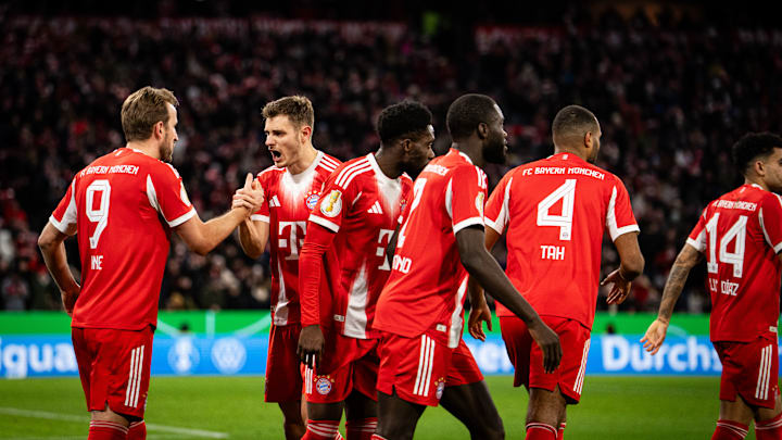 Bayern Munich players celebrating goal against RB Leipzig in DFB Pokal quarter-fnals. Bayern Munich players celebrating goal against RB Leipzig in DFB Pokal quarter-fnals.