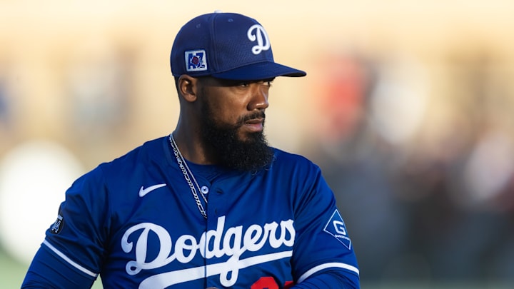 Mar 4, 2025; Phoenix, Arizona, USA; Los Angeles Dodgers outfielder Teoscar Hernandez against the Cincinnati Reds during a spring training game at Camelback Ranch-Glendale. Mandatory Credit: Mark J. Rebilas-Imagn Images