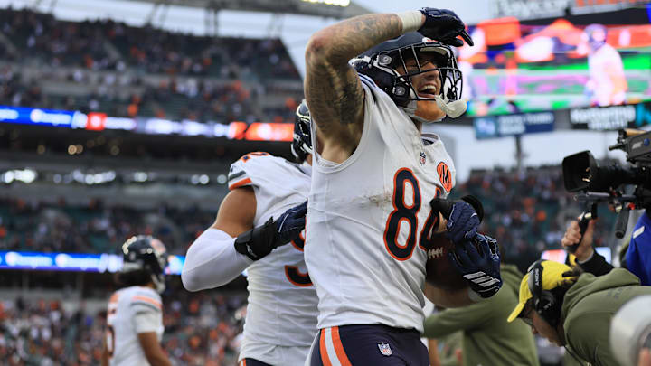Nov 2, 2025; Cincinnati, Ohio, USA; Chicago Bears tight end Colston Loveland (84) celebrates after scoring a touchdown against the Cincinnati Bengals during the fourth quarter at Paycor Stadium. Mandatory Credit: Joseph Maiorana-Imagn Images
