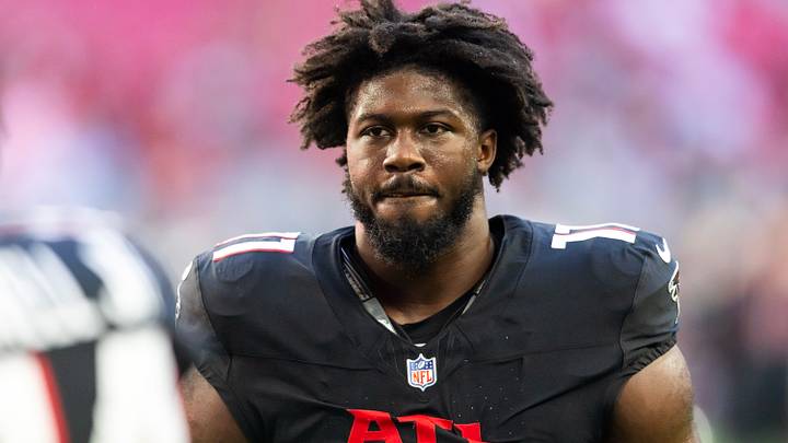 Dec 21, 2025; Glendale, Arizona, USA; Atlanta Falcons linebacker Jalon Walker (11) against the Arizona Cardinals at State Farm Stadium. Mandatory Credit: Mark J. Rebilas-Imagn Images
