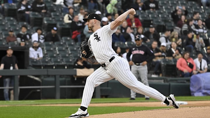 May 10, 2024; Chicago, Illinois, USA;  Chicago White Sox pitcher Garrett Crochet (45) delivers a pitch against the Cleveland Guardians.