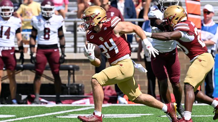 Aug 30, 2025; Chestnut Hill, Massachusetts, USA; Boston College Eagles running back Bo MacCormack III (24) runs the ball during the first half against the Fordham Rams at Alumni Stadium. Mandatory Credit: Eric Canha-Imagn Images Aug 30, 2025; Chestnut Hill, Massachusetts, USA; Boston College Eagles running back Bo MacCormack III (24) runs the ball during the first half against the Fordham Rams at Alumni Stadium. Mandatory Credit: Eric Canha-Imagn Images