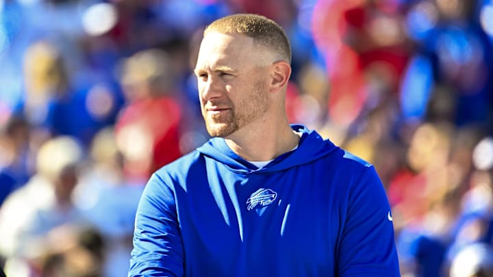 Oct 20, 2024; Orchard Park, New York, USA; Buffalo Bills offensive coordinator Joe Brady on th field before a game against the Tennessee Titans at Highmark Stadium
