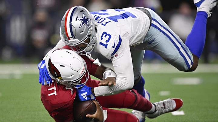 Dallas Cowboys defensive end Dante Fowler Jr. (13) sacks Arizona Cardinals quarterback Jacoby Brissett (7).