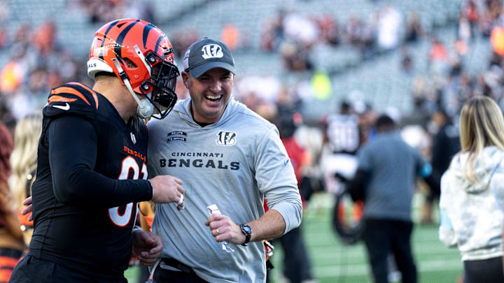 Cincinnati Bengals head coach Zac Taylor laughs with Cincinnati Bengals defensive end Trey Hendrickson (91) in after the Cincinnati Bengals defeated the Las Vegas Raiders at Paycor Stadium in Cincinnati on Sunday, Nov. 3, 2024.