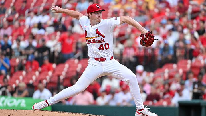 Jul 7, 2026; St. Louis, Missouri, USA; St. Louis Cardinals starting pitcher Hunter Dobbins (40) pitches against the Milwaukee Brewers during the second inning at Busch Stadium. Mandatory Credit: Jeff Curry-Imagn Images