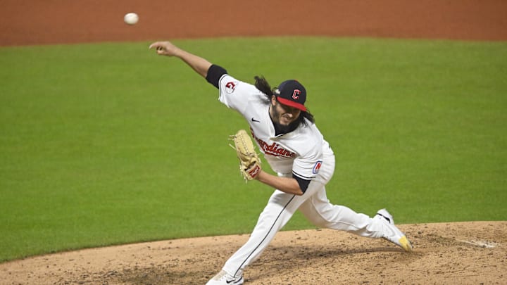 Oct 18, 2024; Cleveland, Ohio, USA; Cleveland Guardians pitcher Eli Morgan (49) pitches against the New York Yankees in the fifth inning during game four of the ALCS for the 2024 MLB playoffs at Progressive Field. Oct 18, 2024; Cleveland, Ohio, USA; Cleveland Guardians pitcher Eli Morgan (49) pitches against the New York Yankees in the fifth inning during game four of the ALCS for the 2024 MLB playoffs at Progressive Field.