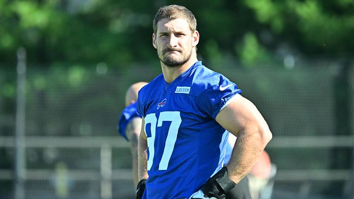 Buffalo Bills defensive end Joey Bosa (97) warms up during training camp at St. John Fisher University. Buffalo Bills defensive end Joey Bosa (97) warms up during training camp at St. John Fisher University.