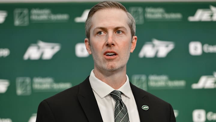 Jan 27, 2025; Florham Park, NJ, USA; New York Jets general manager Darren Mougey speaks during an introductory press conference at Atlantic Health Jets Training Center.
