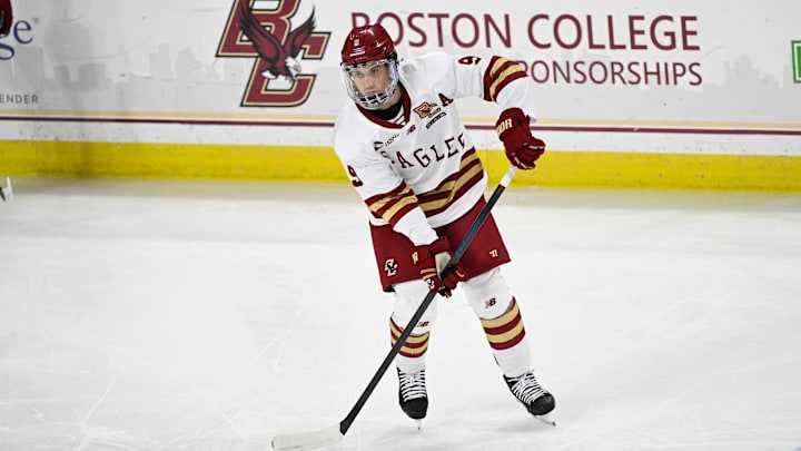 Feb 28, 2025; Chestnut Hill, MA, USA; Boston College forward Ryan Leonard (9) warms up before a game against the University of New Hampshire Wildcats at Conte Forum. Mandatory Credit: Eric Canha-Imagn Images