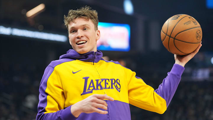Jan 25, 2025; San Francisco, California, USA; Los Angeles Lakers guard Dalton Knecht (4) before the game against the Golden State Warriors at Chase Center. Mandatory Credit: Darren Yamashita-Imagn Images Jan 25, 2025; San Francisco, California, USA; Los Angeles Lakers guard Dalton Knecht (4) before the game against the Golden State Warriors at Chase Center. Mandatory Credit: Darren Yamashita-Imagn Images