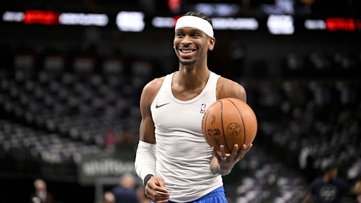 Jan 17, 2025; Dallas, Texas, USA; Oklahoma City Thunder guard Shai Gilgeous-Alexander (2) warms up before the game between the Dallas Mavericks and the Oklahoma City Thunder at the American Airlines Center. Mandatory Credit: Jerome Miron-Imagn Images Jan 17, 2025; Dallas, Texas, USA; Oklahoma City Thunder guard Shai Gilgeous-Alexander (2) warms up before the game between the Dallas Mavericks and the Oklahoma City Thunder at the American Airlines Center. Mandatory Credit: Jerome Miron-Imagn Images