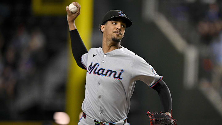 Miami Marlins starting pitcher Eury Perez pitches against the Texas Rangers.