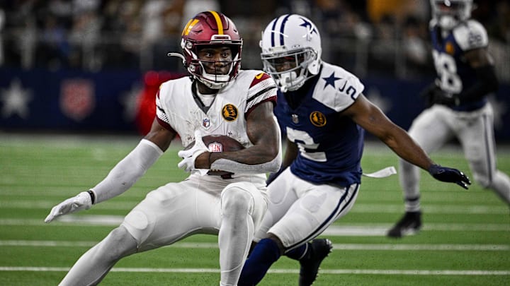 Nov 23, 2023; Arlington, Texas, USA; Washington Commanders wide receiver Curtis Samuel (4) catches a pass in front of Dallas Cowboys cornerback Jourdan Lewis (2) during the second half at AT&T Stadium. Mandatory Credit: Jerome Miron-Imagn Images Nov 23, 2023; Arlington, Texas, USA; Washington Commanders wide receiver Curtis Samuel (4) catches a pass in front of Dallas Cowboys cornerback Jourdan Lewis (2) during the second half at AT&T Stadium. Mandatory Credit: Jerome Miron-Imagn Images