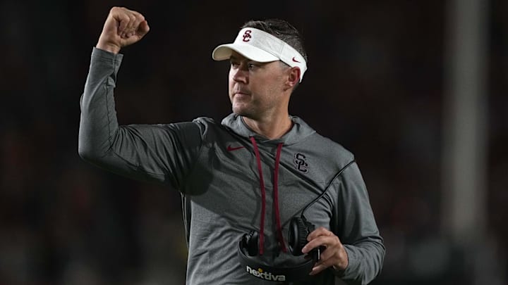 Sep 17, 2022; Los Angeles, California, USA; Southern California Trojans head coach Lincoln Riley reacts in the second half against the Fresno State Bulldogs at United Airlines Field at Los Angeles Memorial Coliseum. Mandatory Credit: Kirby Lee-USA TODAY Sports